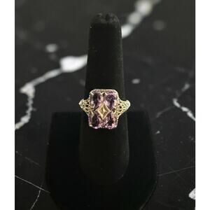 VICTORIA TRADING COMPANY Amethyst Sterling Filigree Ring Size 8 Art Deco NWT